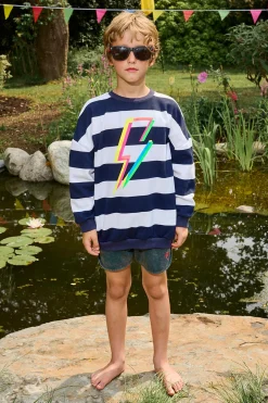 Women Scamp & Dude Kids Navy with White Stripe and Rainbow Bolt Oversized Sweatshirt