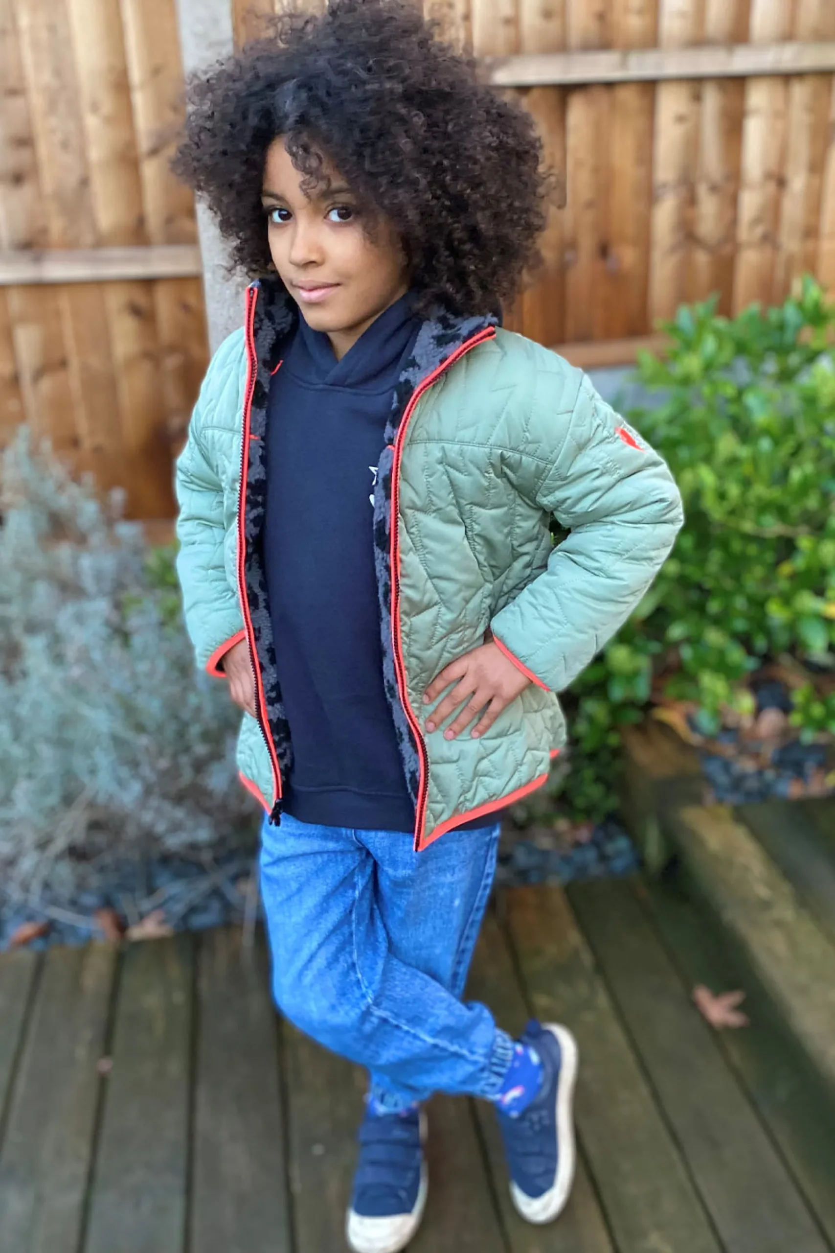 Women Scamp & Dude Kids Reversible Quilted Khaki Lightning Bolt and Leopard Borg Coat