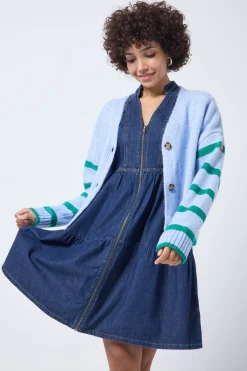 Women Scamp & Dude Light Blue and Green Stripe Cardigan