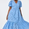 Women Scamp & Dude Light Blue Broderie Anglaise Puff Sleeve Midi Dress