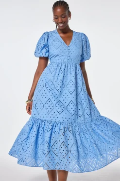Women Scamp & Dude Light Blue Broderie Anglaise Puff Sleeve Midi Dress