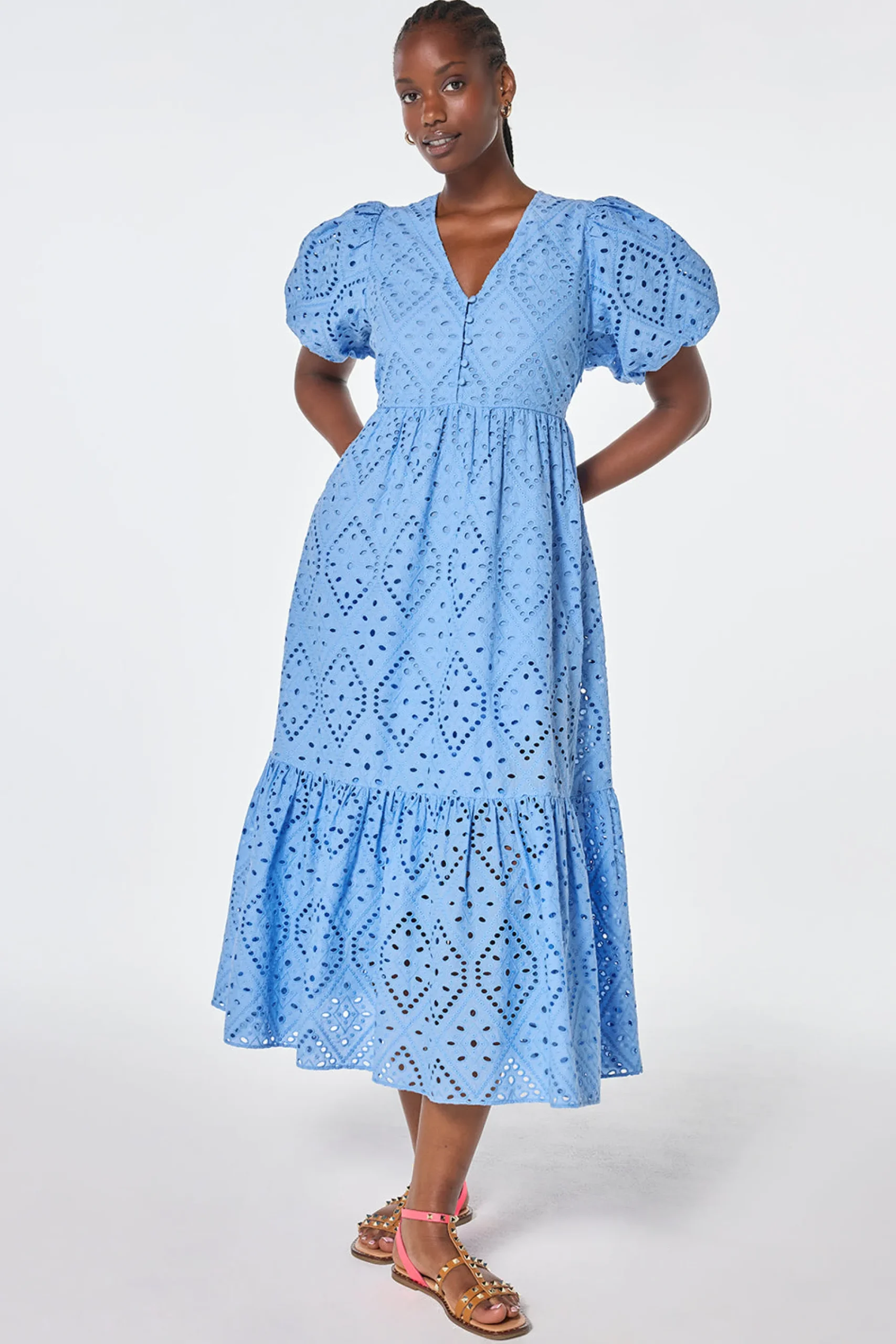 Women Scamp & Dude Light Blue Broderie Anglaise Puff Sleeve Midi Dress