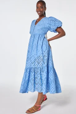 Women Scamp & Dude Light Blue Broderie Anglaise Puff Sleeve Midi Dress