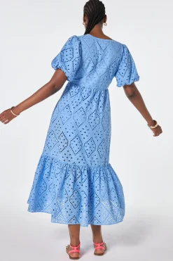 Women Scamp & Dude Light Blue Broderie Anglaise Puff Sleeve Midi Dress