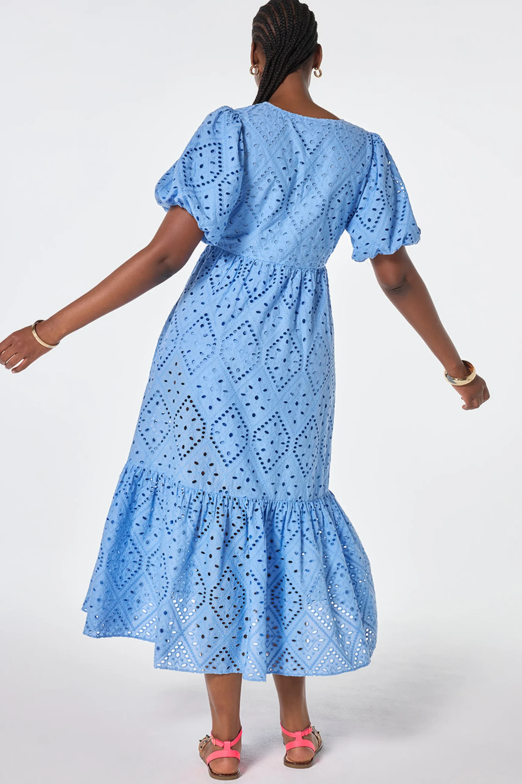 Women Scamp & Dude Light Blue Broderie Anglaise Puff Sleeve Midi Dress