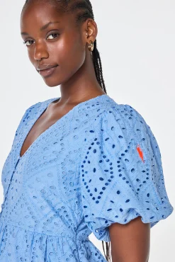 Women Scamp & Dude Light Blue Broderie Anglaise Puff Sleeve Midi Dress