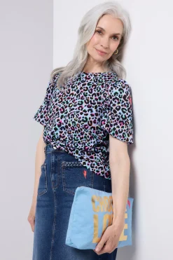 Women Scamp & Dude Light Blue with Rainbow Shadow Leopard Puff Sleeve T-Shirt