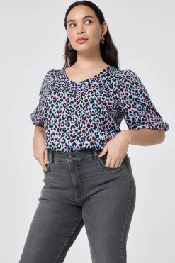 Women Scamp & Dude Light Blue with Rainbow Shadow Leopard V-Neck Puff Sleeve T-Shirt