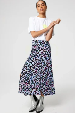 Women Scamp & Dude Light Blue with Rainbow Shadow Leopard Split Front Skirt