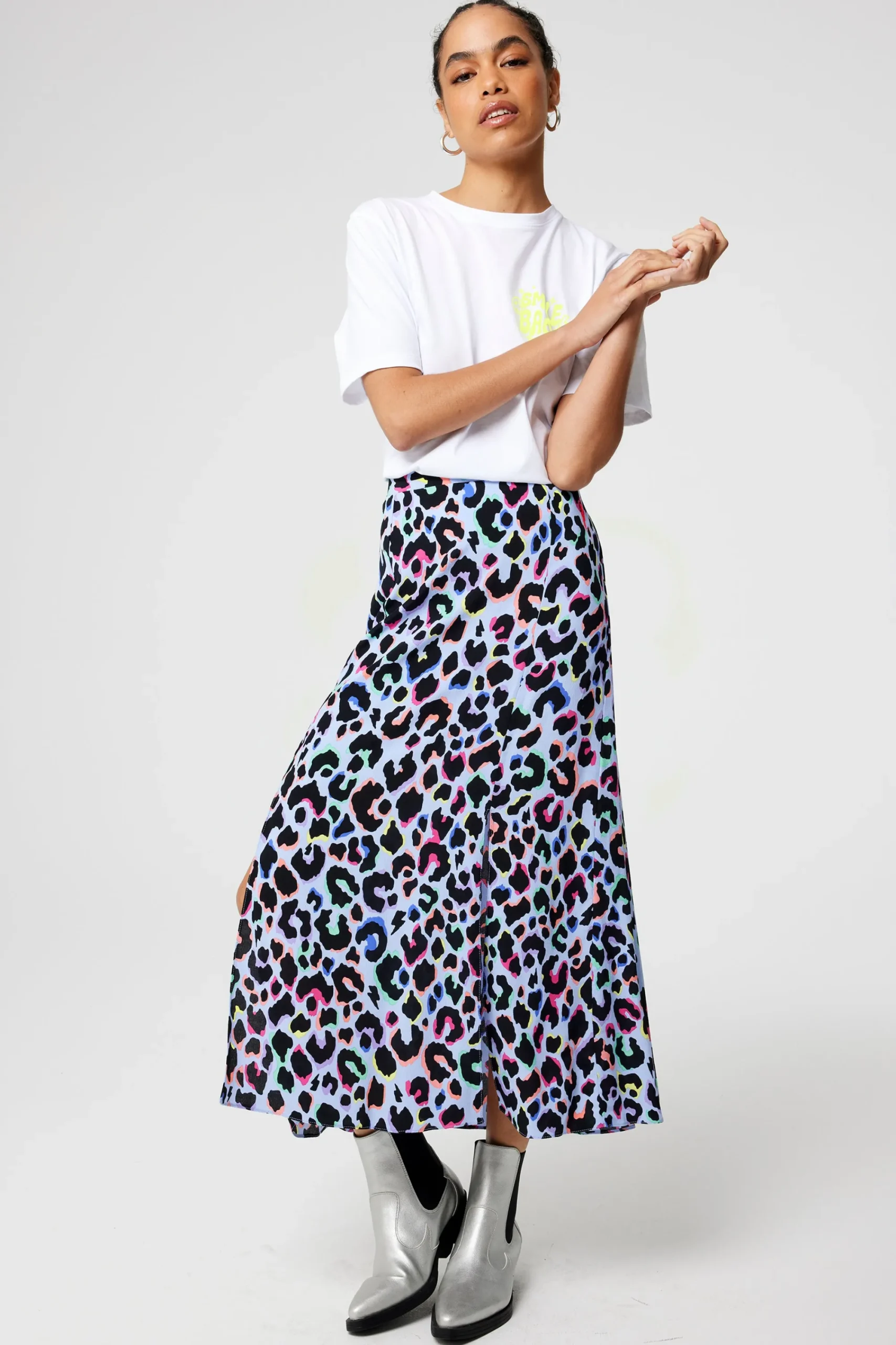 Women Scamp & Dude Light Blue with Rainbow Shadow Leopard Split Front Skirt