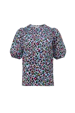 Women Scamp & Dude Light Blue with Rainbow Shadow Leopard Puff Sleeve T-Shirt