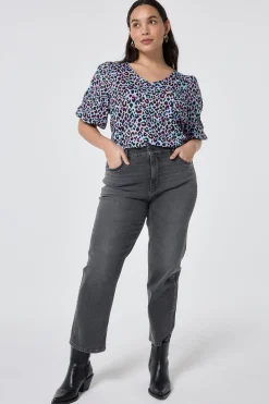 Women Scamp & Dude Light Blue with Rainbow Shadow Leopard V-Neck Puff Sleeve T-Shirt