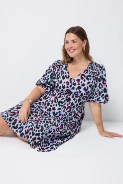 Women Scamp & Dude Light Blue with Rainbow Shadow Leopard Short Tea Dress