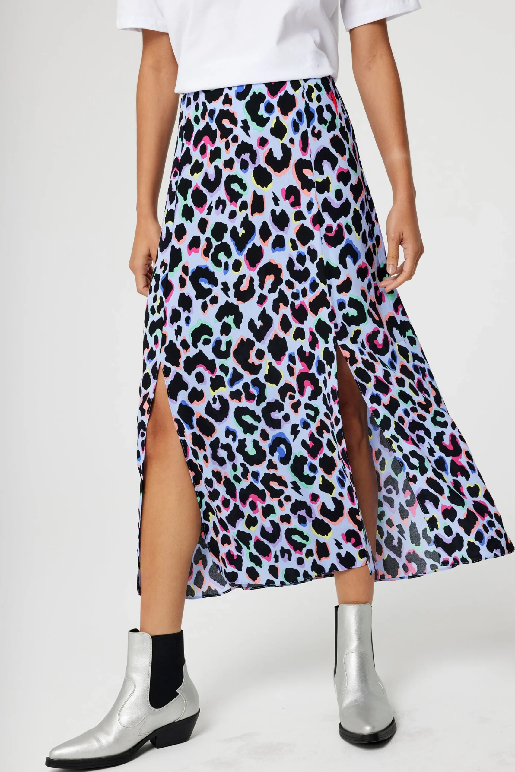 Women Scamp & Dude Light Blue with Rainbow Shadow Leopard Split Front Skirt