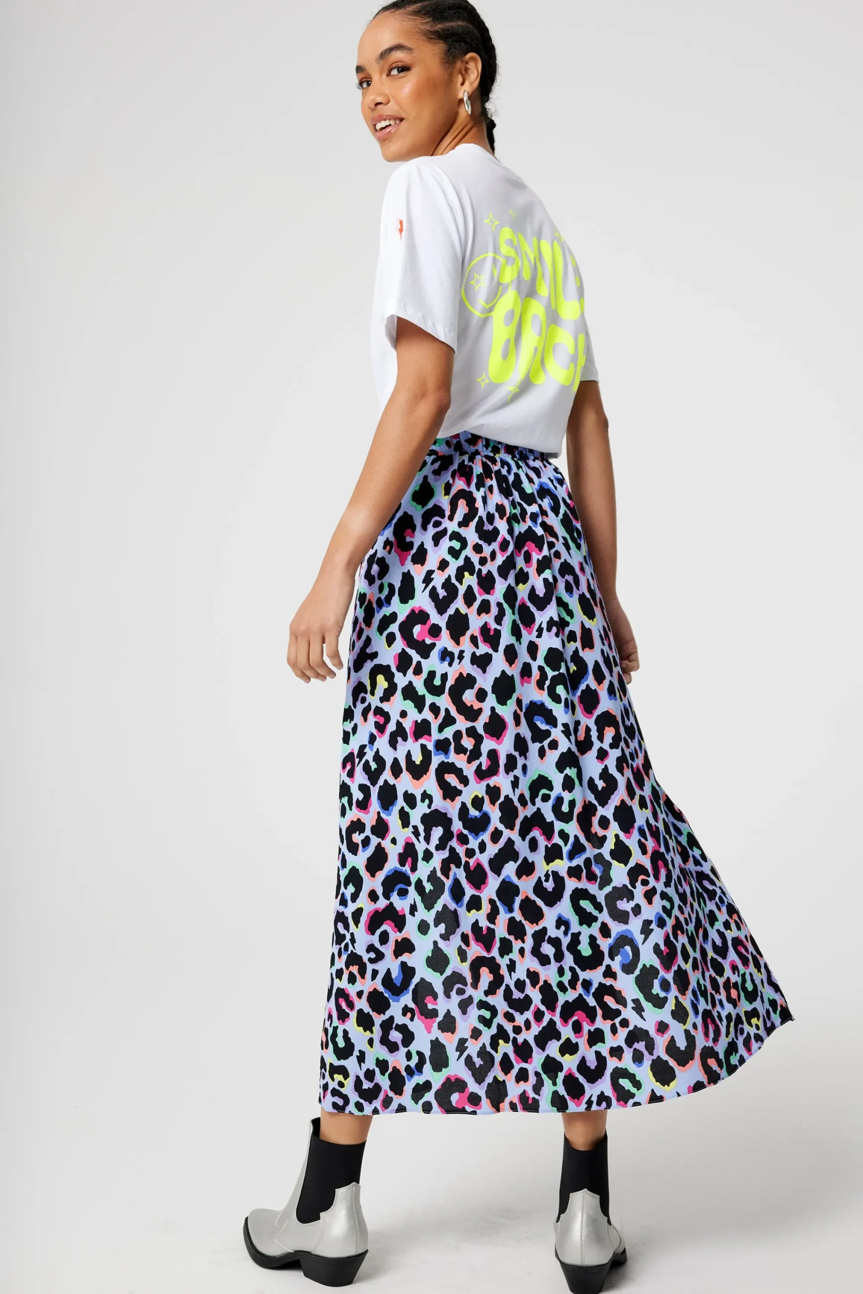 Women Scamp & Dude Light Blue with Rainbow Shadow Leopard Split Front Skirt