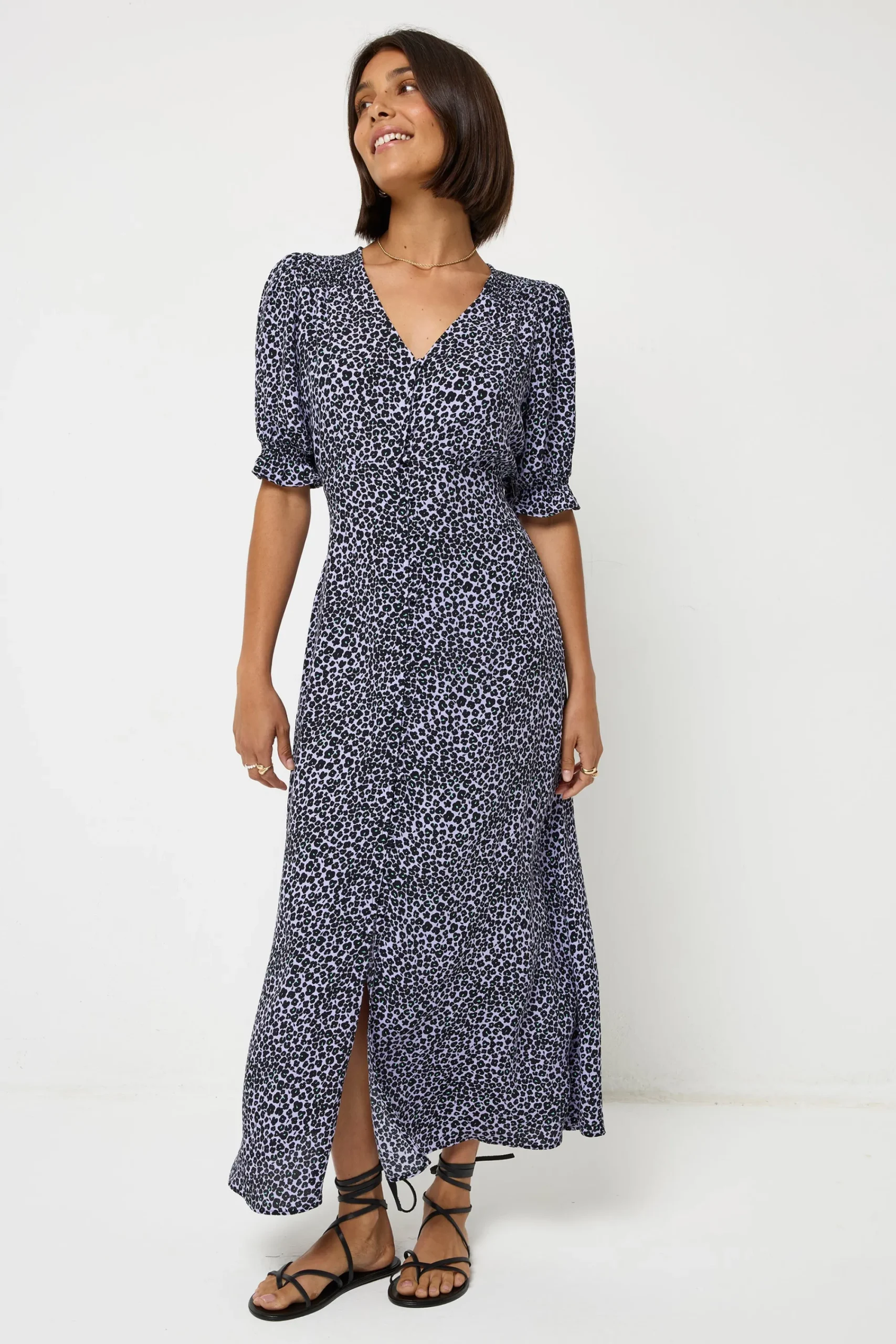 Women Scamp & Dude Lilac Mini Leopard Flute Sleeve Midi Tea Dress