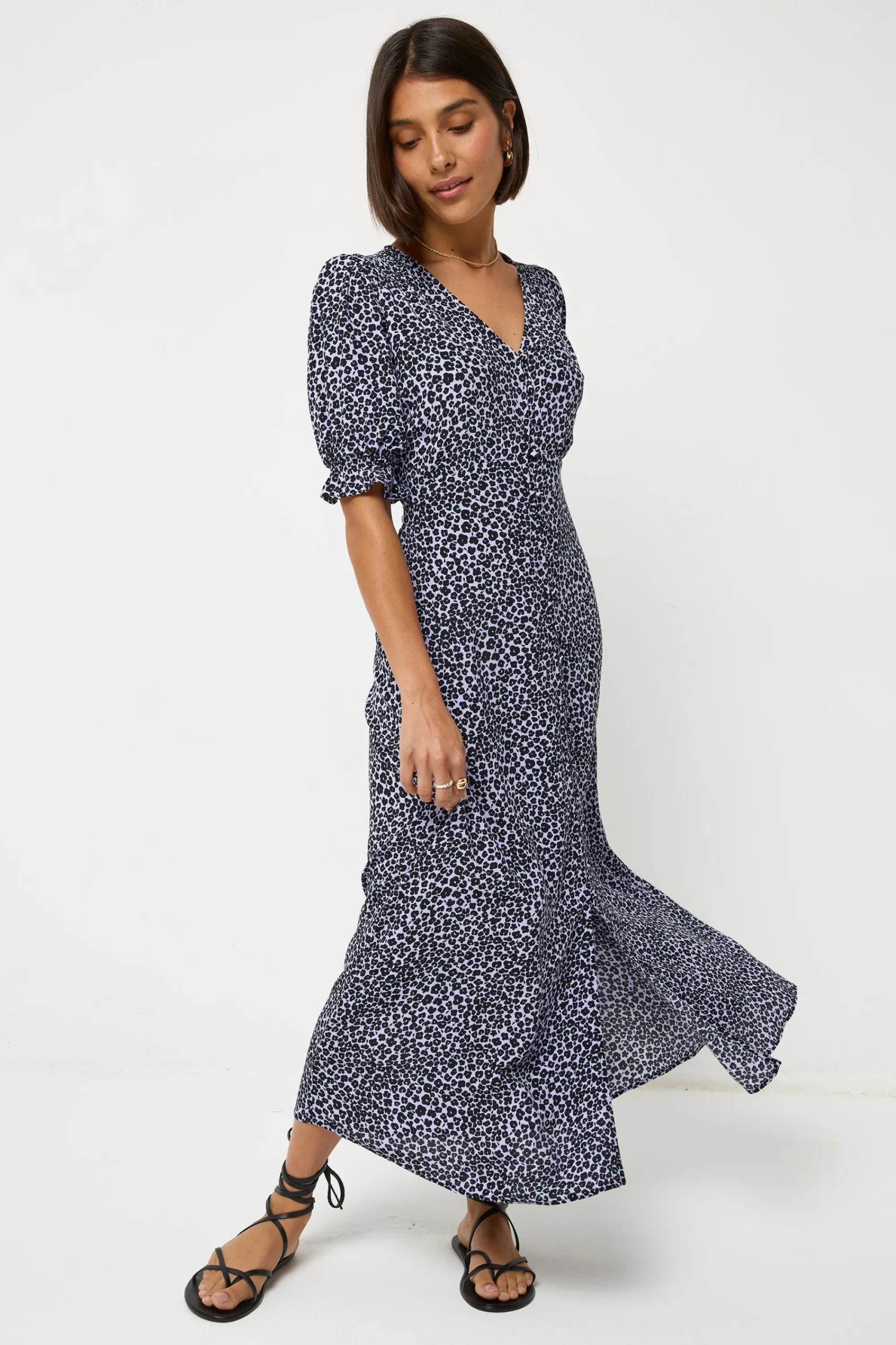 Women Scamp & Dude Lilac Mini Leopard Flute Sleeve Midi Tea Dress