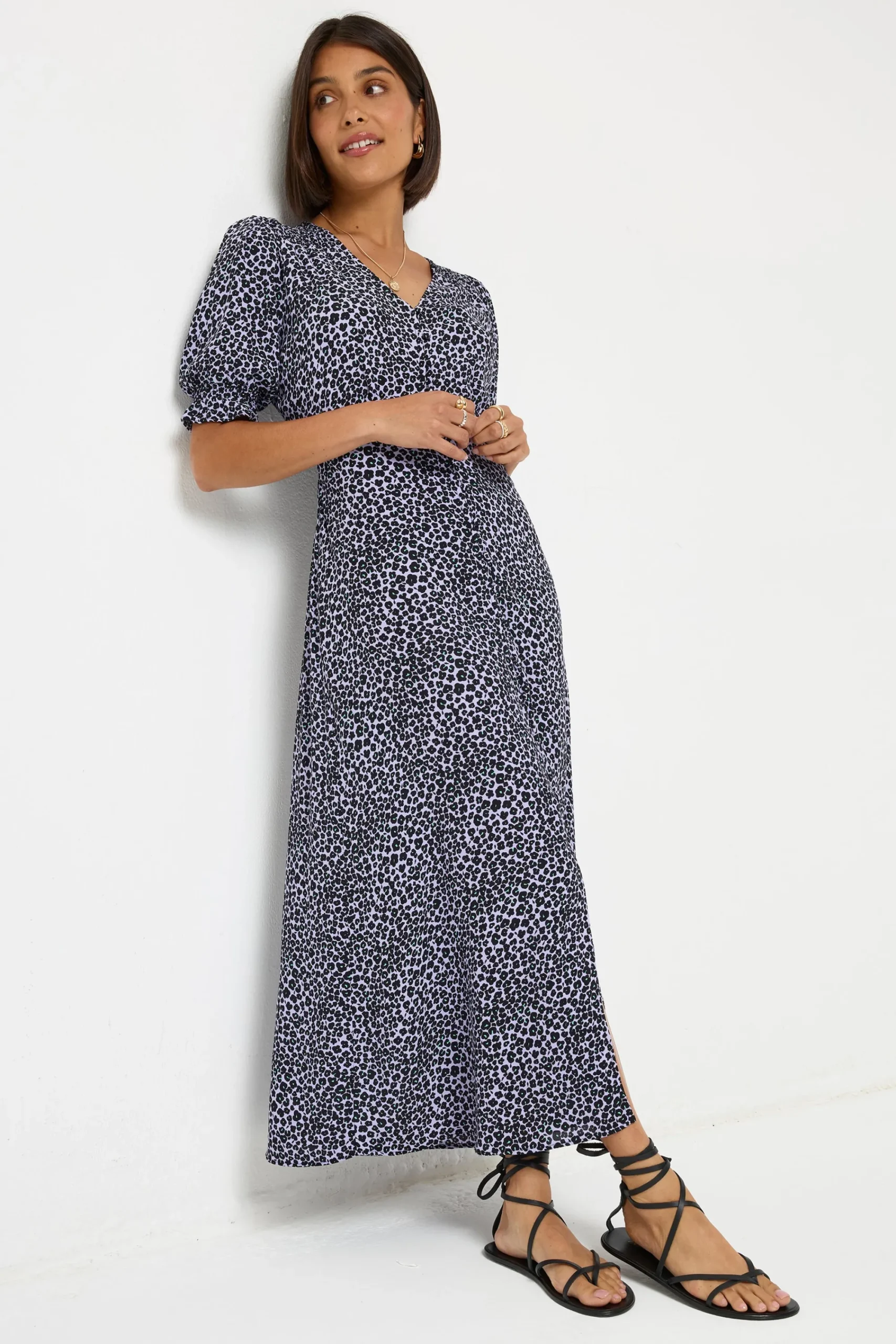 Women Scamp & Dude Lilac Mini Leopard Flute Sleeve Midi Tea Dress