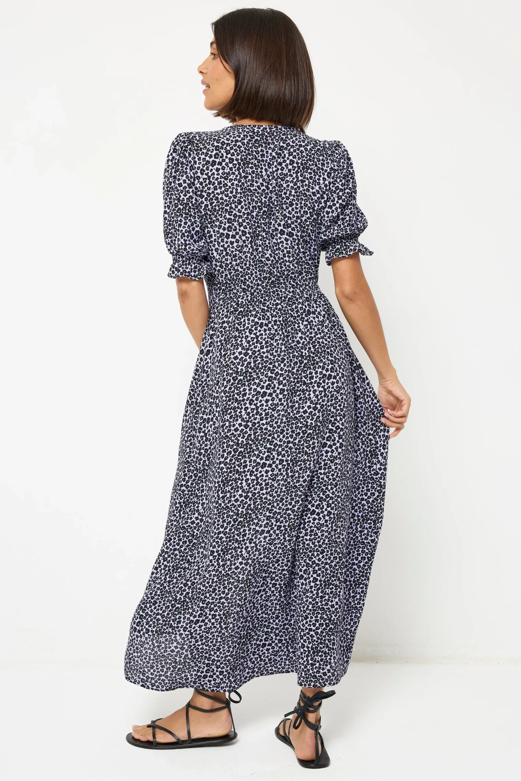 Women Scamp & Dude Lilac Mini Leopard Flute Sleeve Midi Tea Dress
