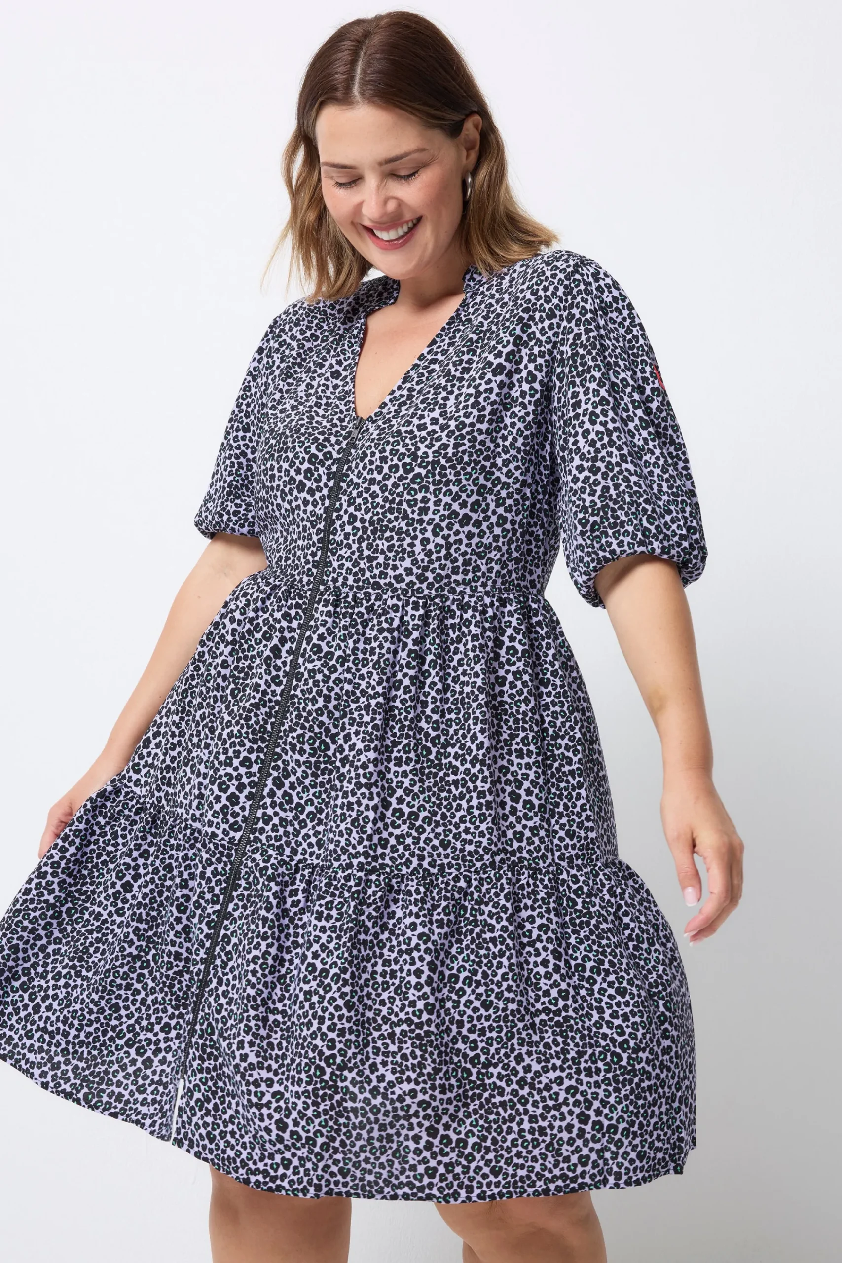 Women Scamp & Dude Lilac Mini Leopard Zip Detail Tiered Short Dress