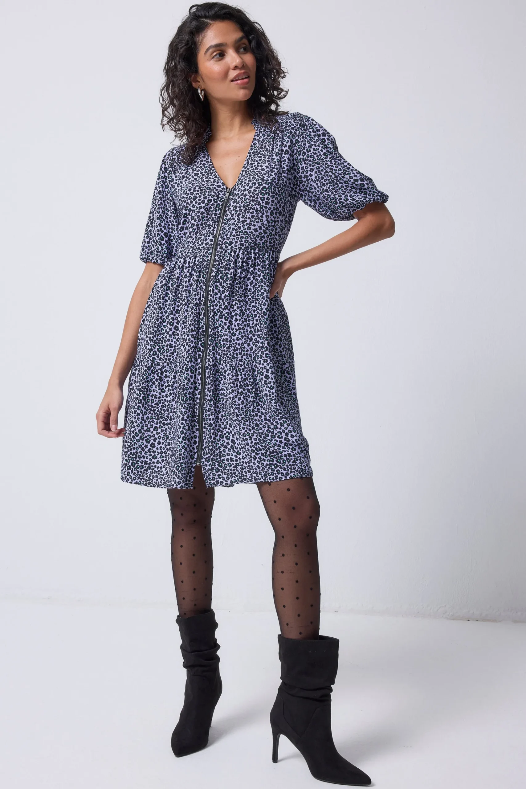 Women Scamp & Dude Lilac Mini Leopard Zip Detail Tiered Short Dress