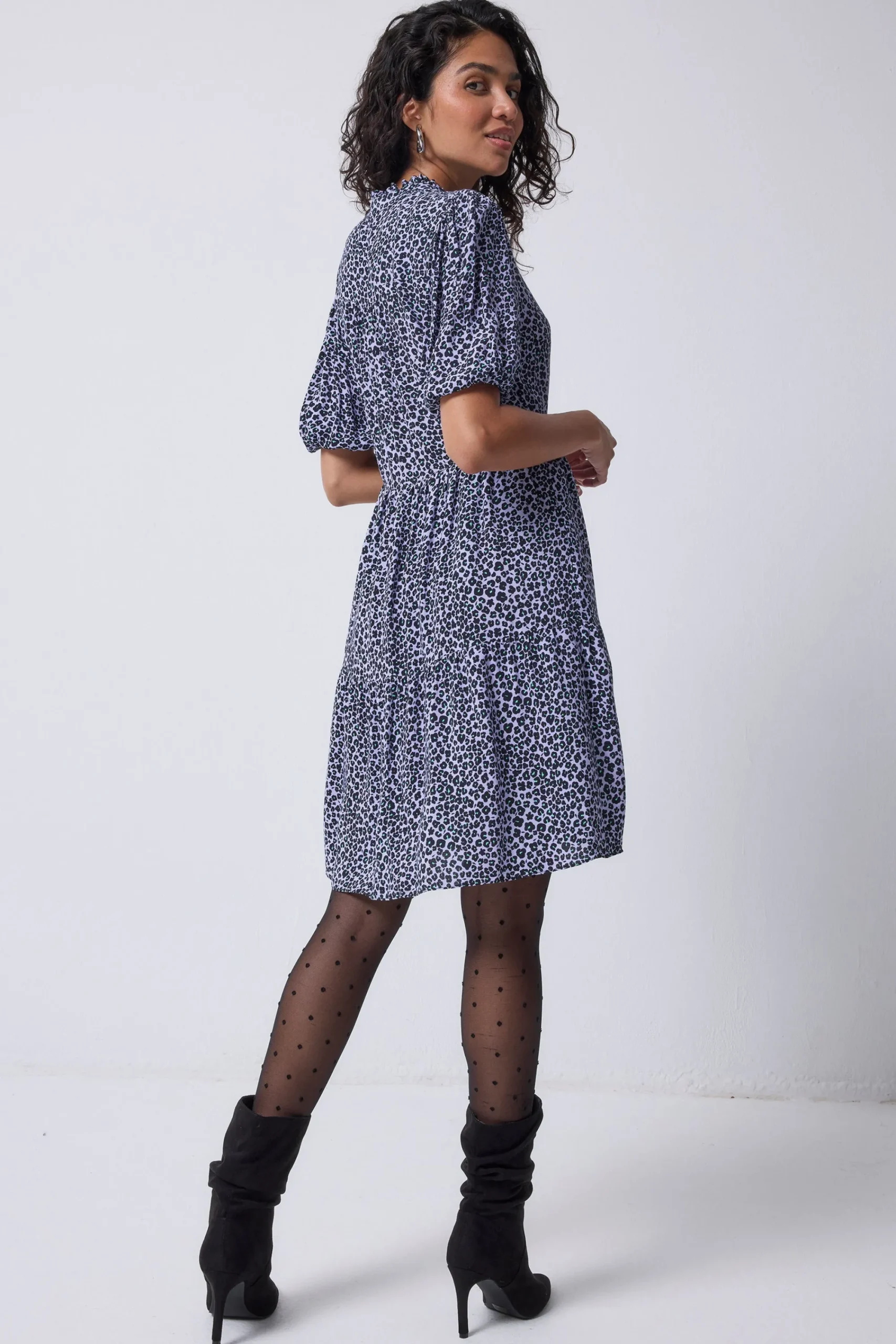 Women Scamp & Dude Lilac Mini Leopard Zip Detail Tiered Short Dress