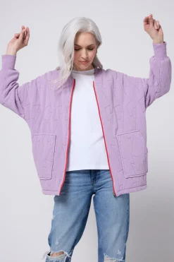 Women Scamp & Dude Lilac Organic Cotton Quilted Lightning Bolt Oversized Bomber Jacket