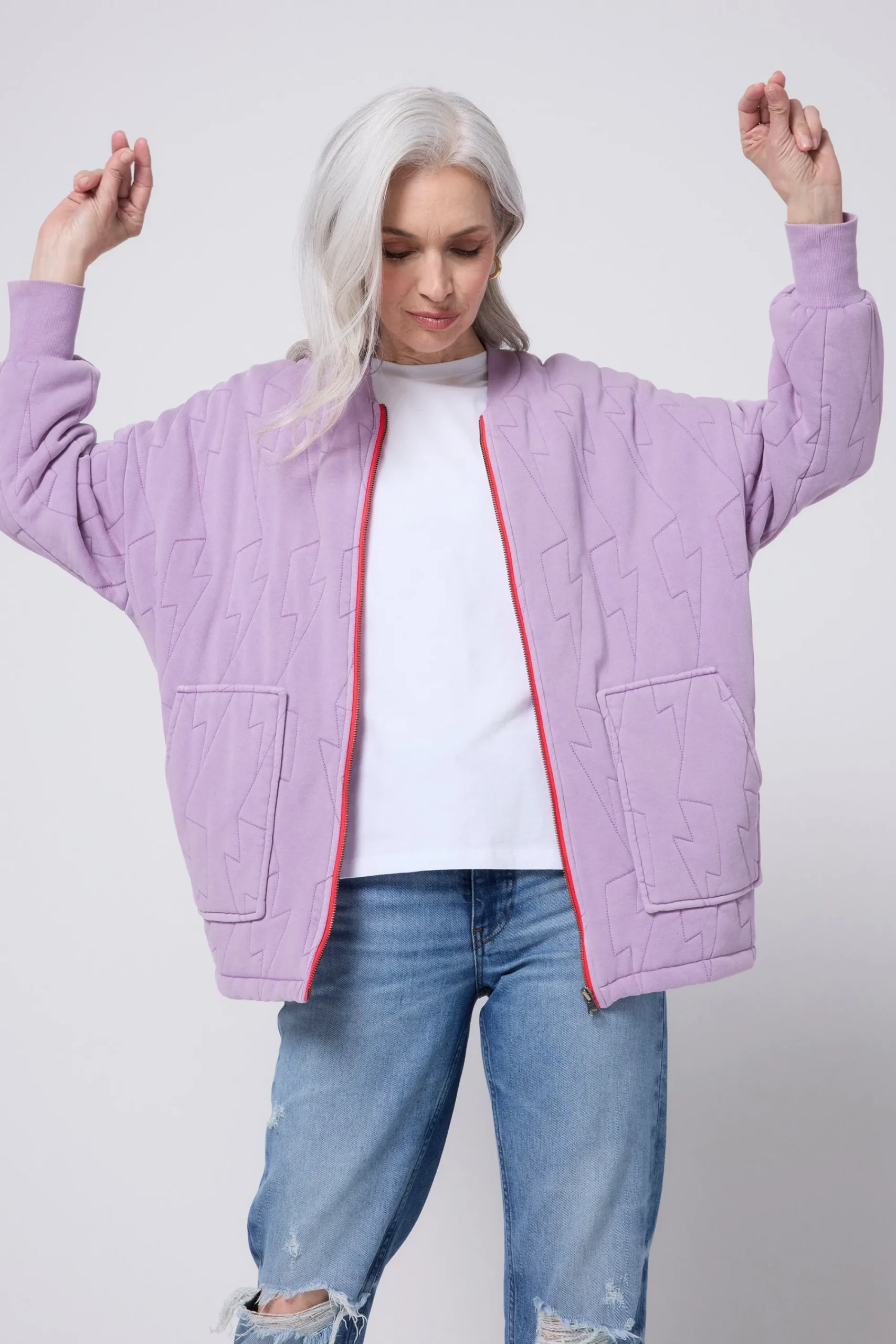 Women Scamp & Dude Lilac Organic Cotton Quilted Lightning Bolt Oversized Bomber Jacket