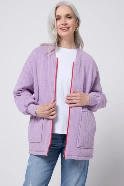 Women Scamp & Dude Lilac Organic Cotton Quilted Lightning Bolt Oversized Bomber Jacket