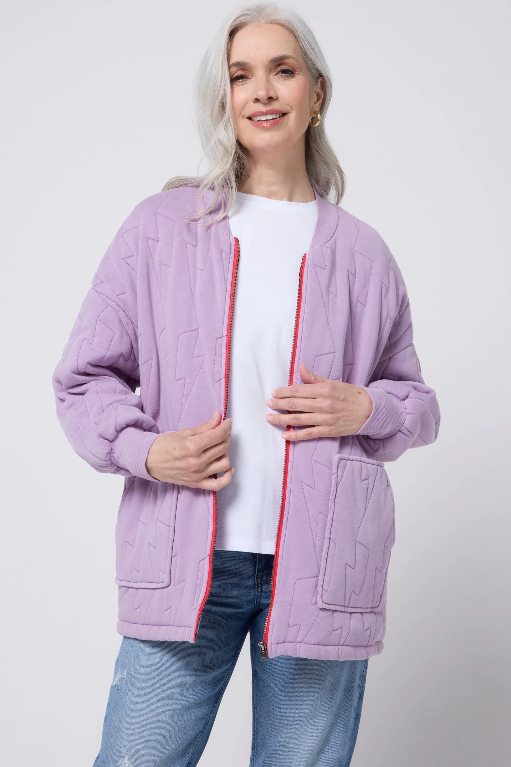 Women Scamp & Dude Lilac Organic Cotton Quilted Lightning Bolt Oversized Bomber Jacket