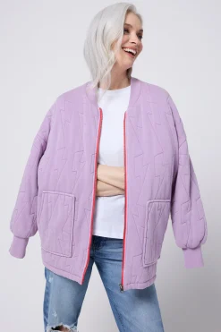 Women Scamp & Dude Lilac Organic Cotton Quilted Lightning Bolt Oversized Bomber Jacket