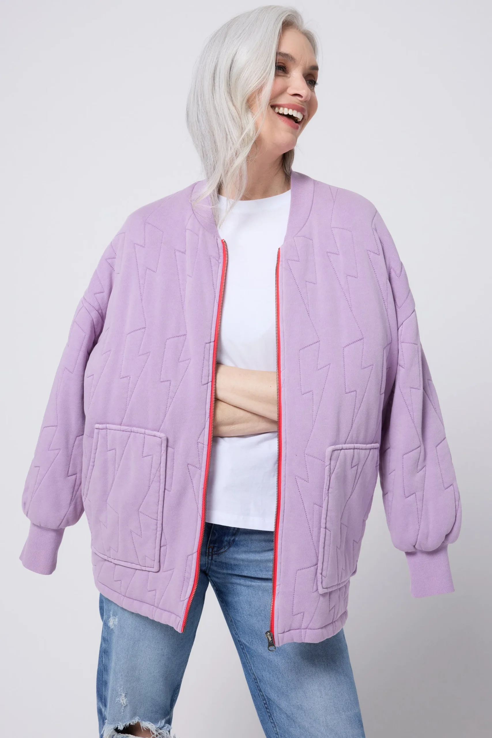 Women Scamp & Dude Lilac Organic Cotton Quilted Lightning Bolt Oversized Bomber Jacket
