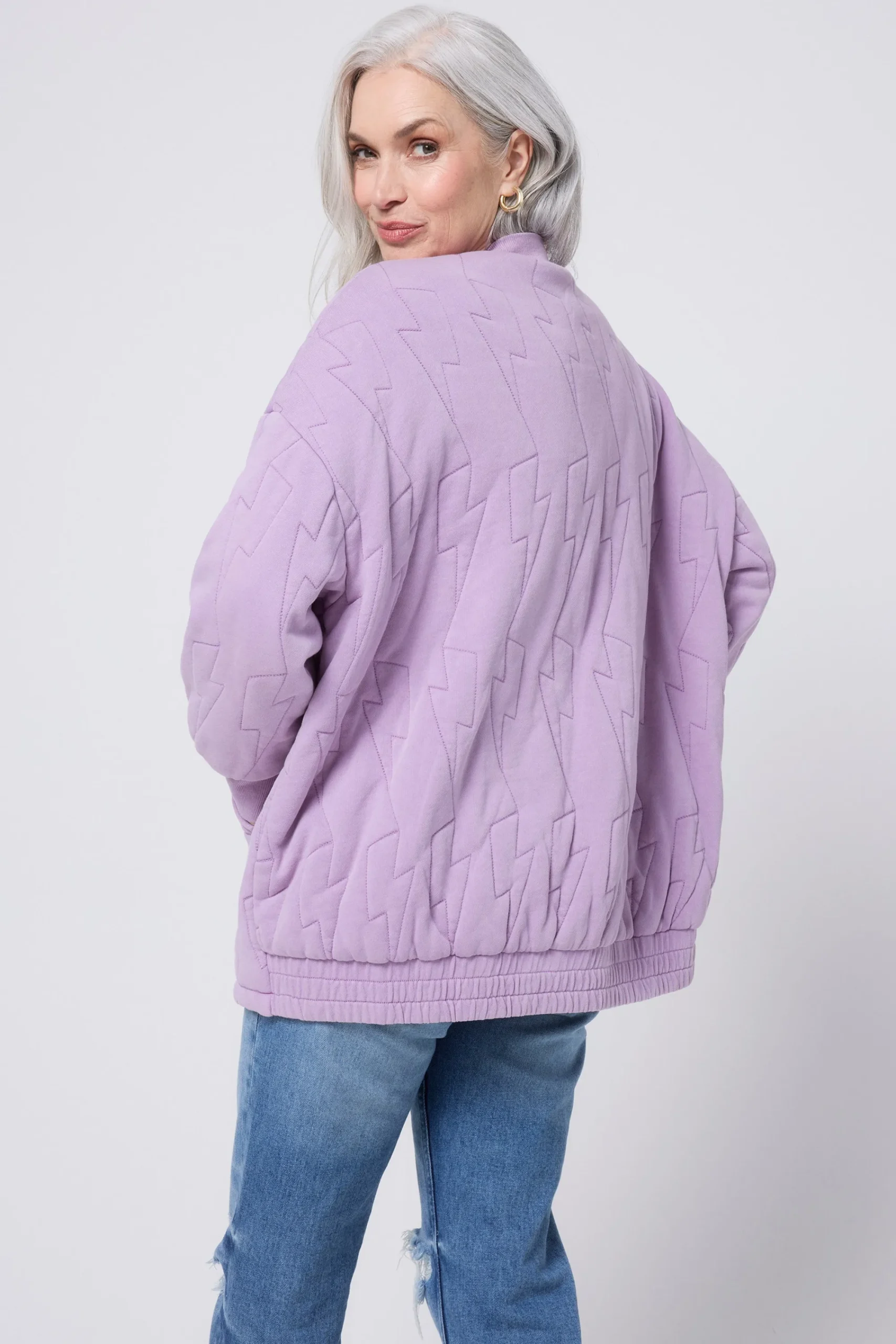 Women Scamp & Dude Lilac Organic Cotton Quilted Lightning Bolt Oversized Bomber Jacket
