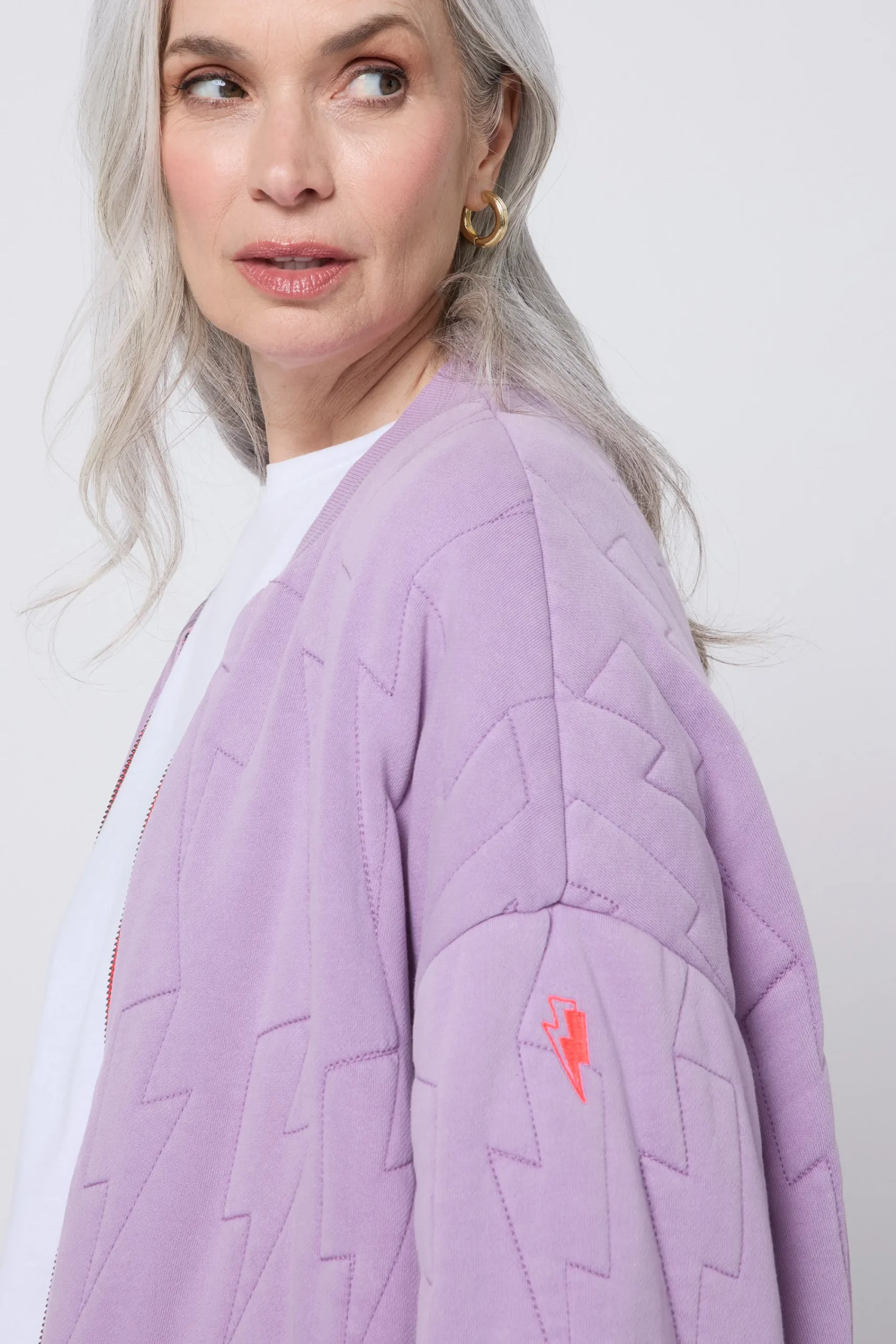 Women Scamp & Dude Lilac Organic Cotton Quilted Lightning Bolt Oversized Bomber Jacket