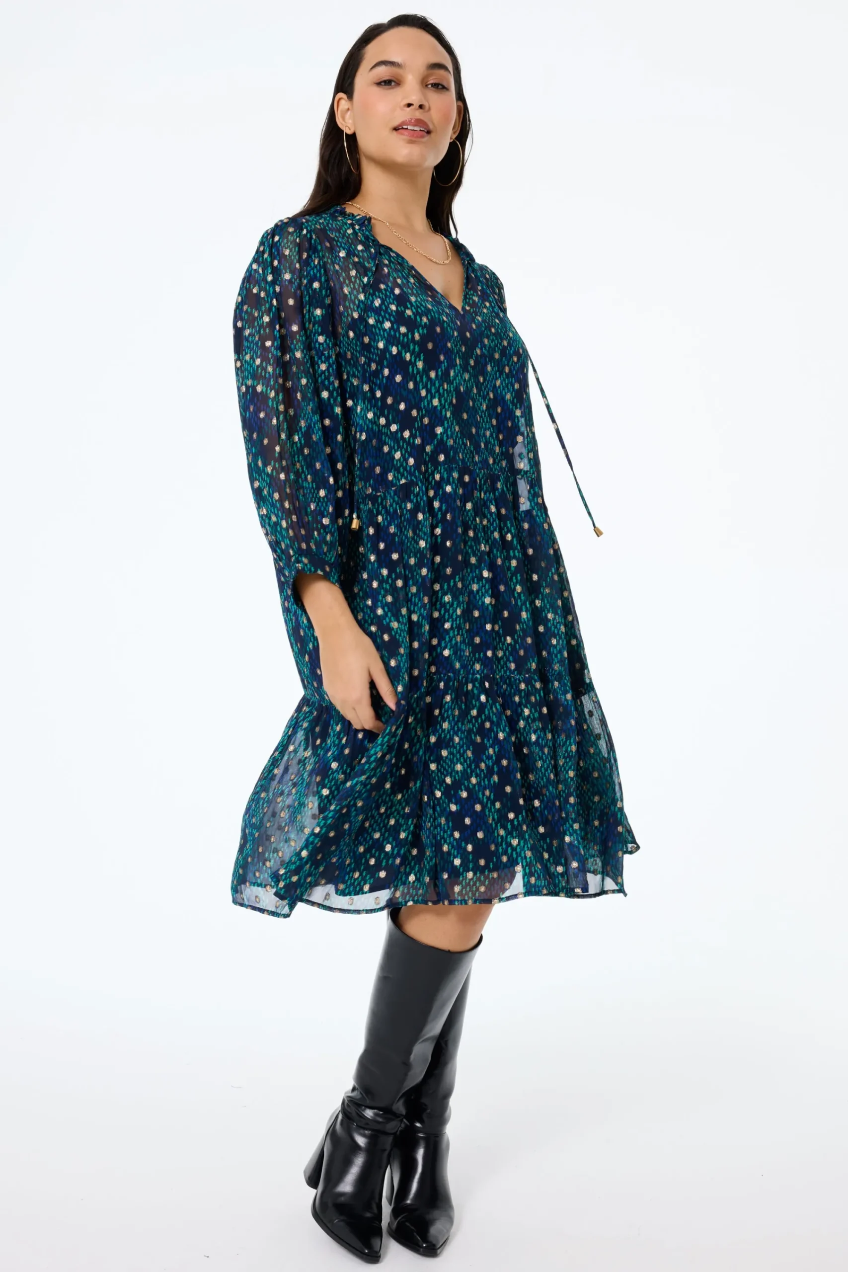 Women Scamp & Dude Midnight with Teal Snake Print Foil Chiffon Tiered Short Dress