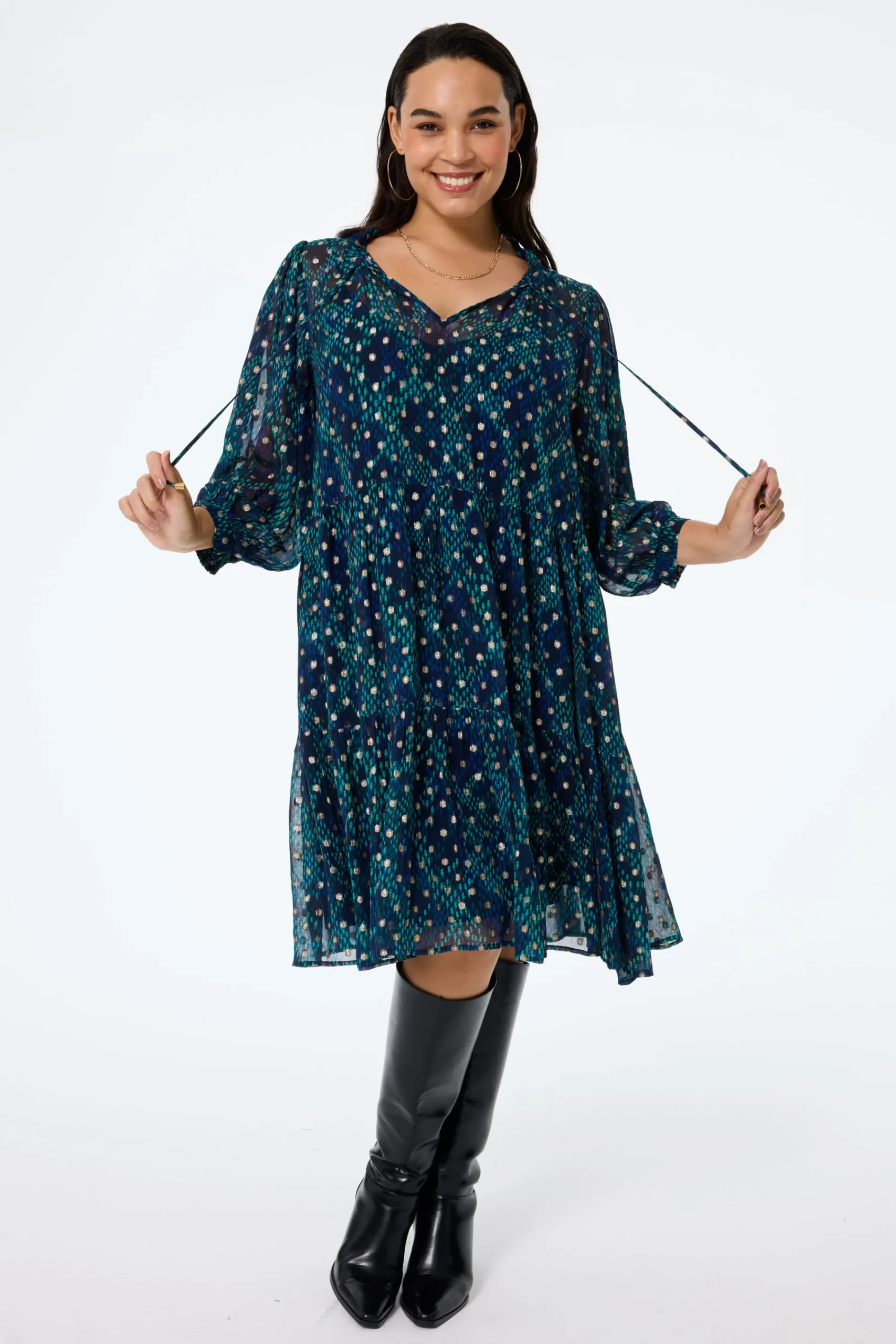 Women Scamp & Dude Midnight with Teal Snake Print Foil Chiffon Tiered Short Dress