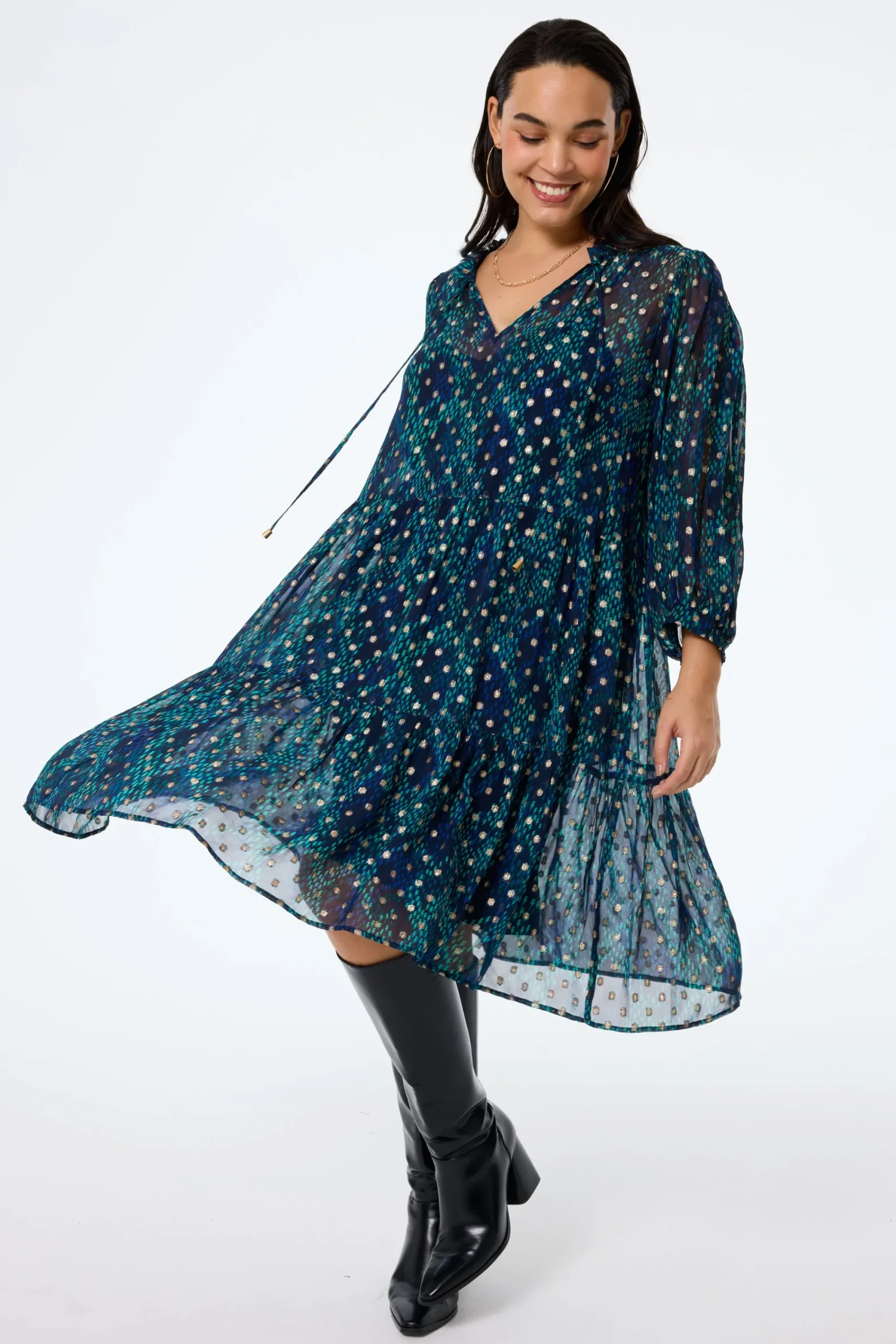 Women Scamp & Dude Midnight with Teal Snake Print Foil Chiffon Tiered Short Dress