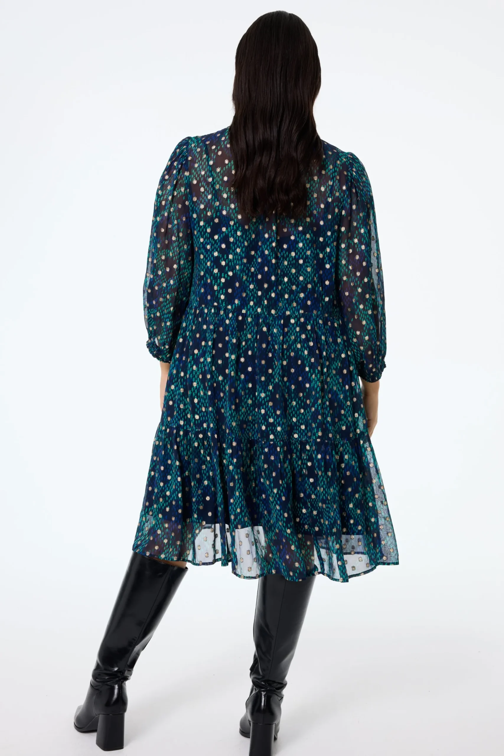 Women Scamp & Dude Midnight with Teal Snake Print Foil Chiffon Tiered Short Dress