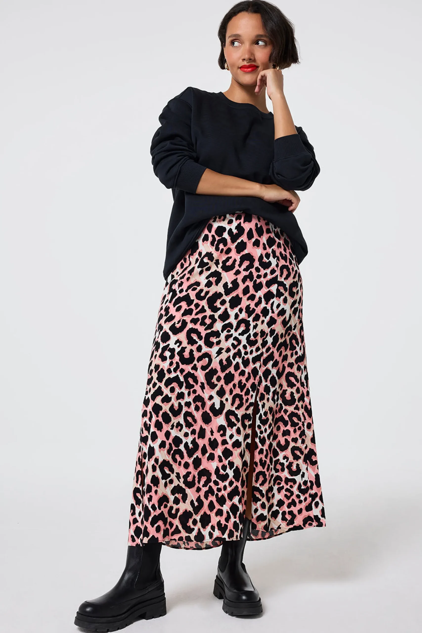 Women Scamp & Dude Mixed Neutral with Black Shadow Leopard Split Front Skirt