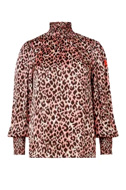 Women Scamp & Dude Mixed Neutral with Black Small Shadow Leopard High Neck Shirred Blouse