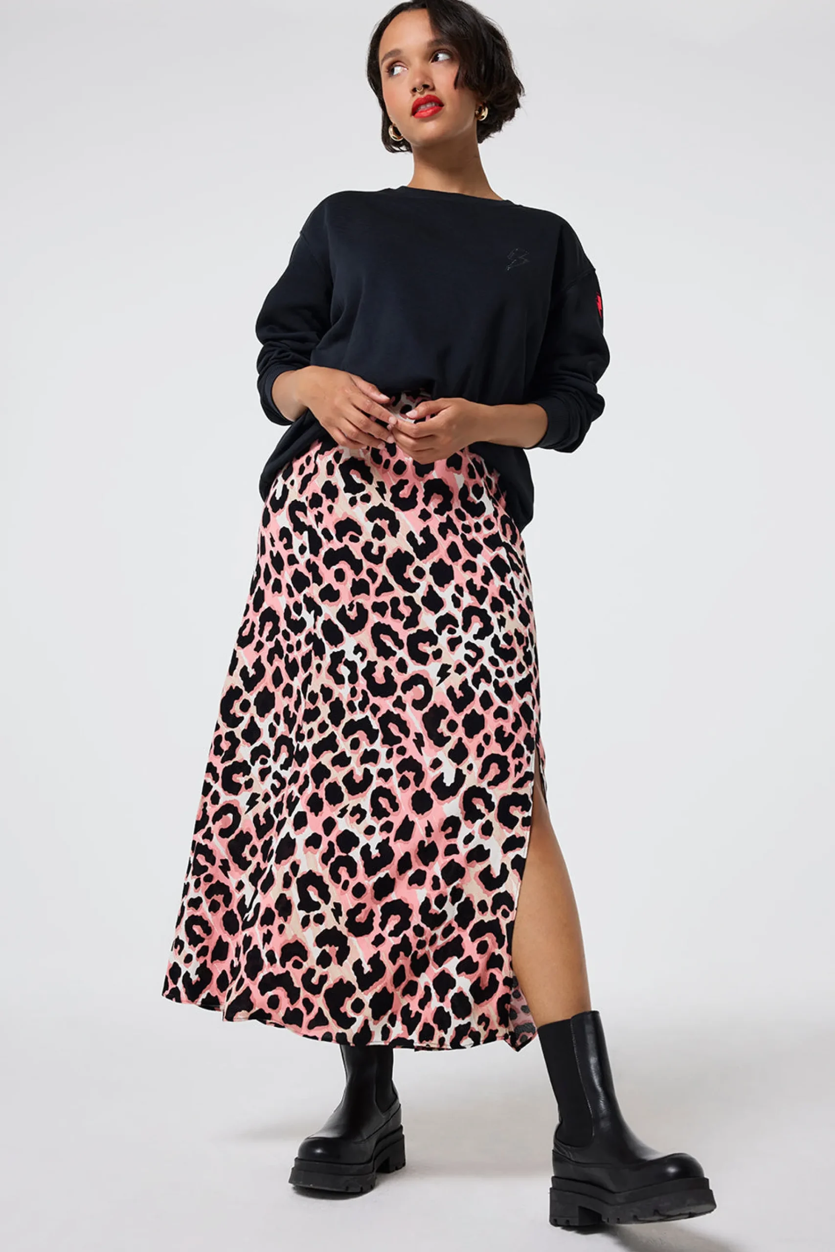 Women Scamp & Dude Mixed Neutral with Black Shadow Leopard Split Front Skirt