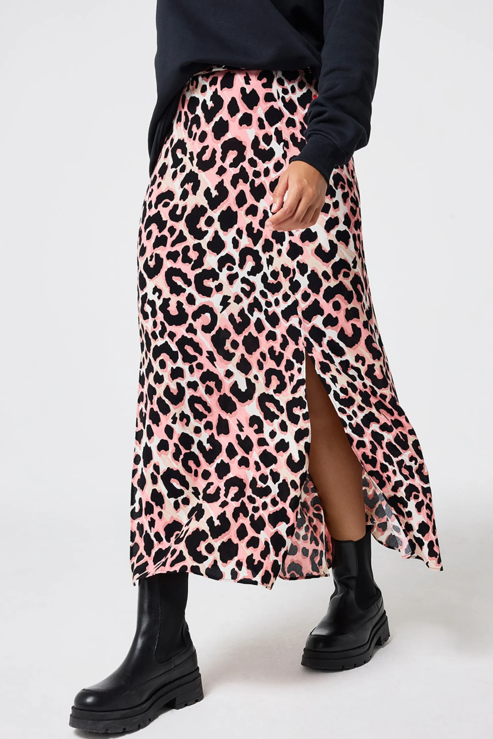 Women Scamp & Dude Mixed Neutral with Black Shadow Leopard Split Front Skirt