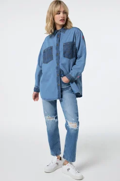 Women Scamp & Dude Mixed Wash Indigo Oversized Denim Shirt