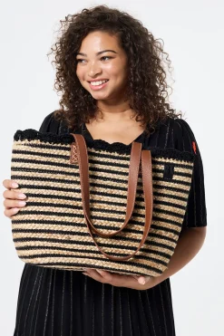 Women Scamp & Dude Natural with Black Stripe Straw Basket Bag