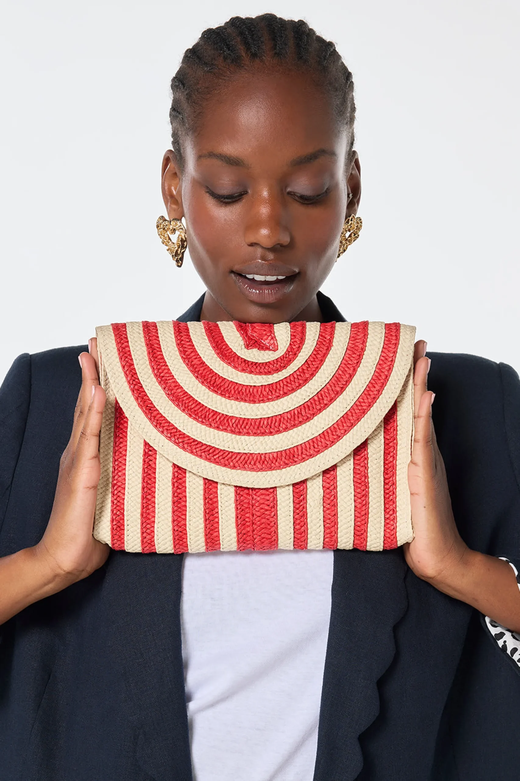 Women Scamp & Dude Natural with Red Stripe Woven Clutch Bag