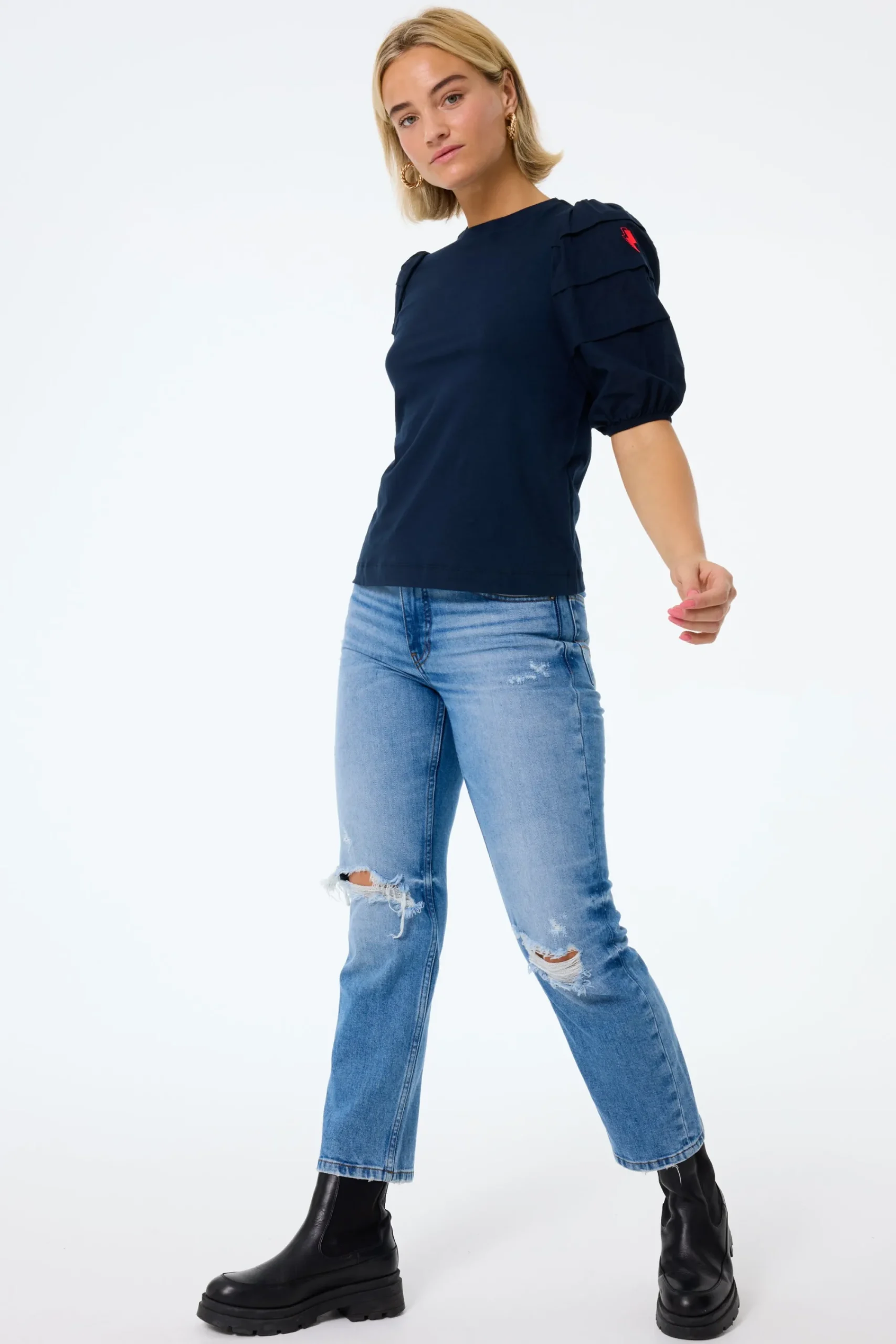 Women Scamp & Dude Navy Pintuck Sleeve T-Shirt