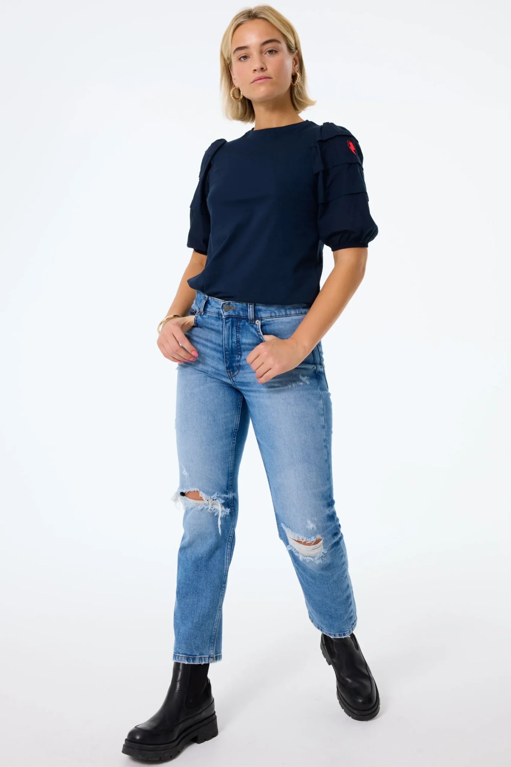 Women Scamp & Dude Navy Pintuck Sleeve T-Shirt