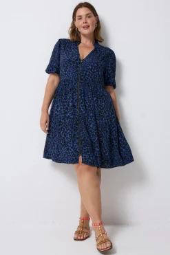 Women Scamp & Dude Navy with Black Rock and Roll Leopard Zip Detail Tiered Short Dress