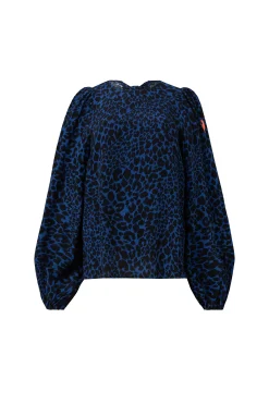 Women Scamp & Dude Navy with Black Rock and Roll Leopard Blouson Sleeve Top