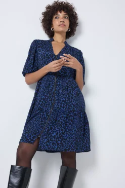 Women Scamp & Dude Navy with Black Rock and Roll Leopard Zip Detail Tiered Short Dress